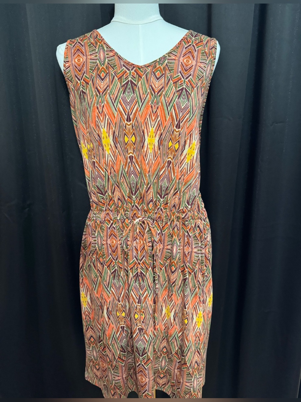 Faded Glory Sleeveless Mini Dress in Orange, Yellow and Green Geometric Print
